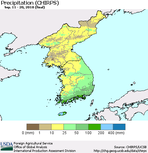 Korea Precipitation (CHIRPS) Thematic Map For 9/11/2018 - 9/20/2018