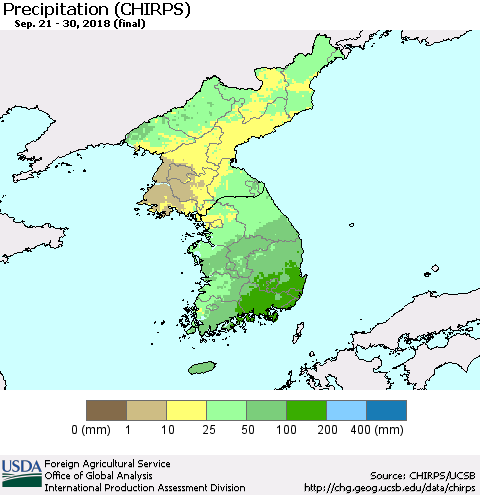 Korea Precipitation (CHIRPS) Thematic Map For 9/21/2018 - 9/30/2018