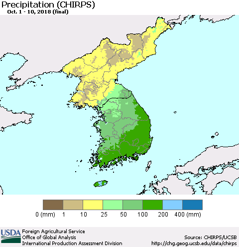 Korea Precipitation (CHIRPS) Thematic Map For 10/1/2018 - 10/10/2018