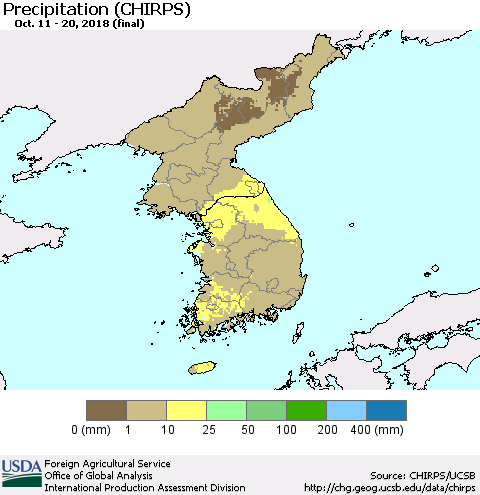 Korea Precipitation (CHIRPS) Thematic Map For 10/11/2018 - 10/20/2018