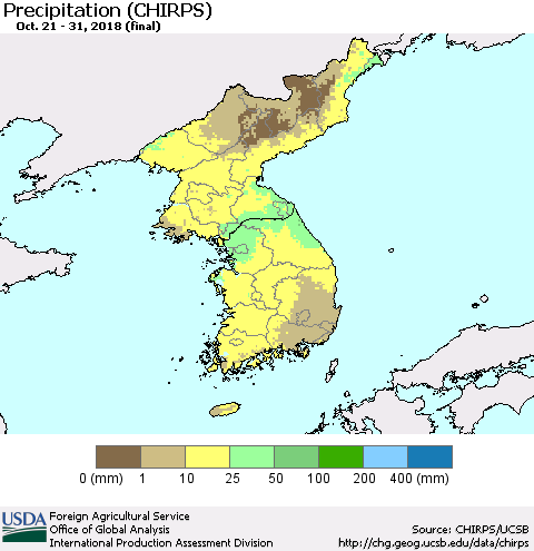 Korea Precipitation (CHIRPS) Thematic Map For 10/21/2018 - 10/31/2018