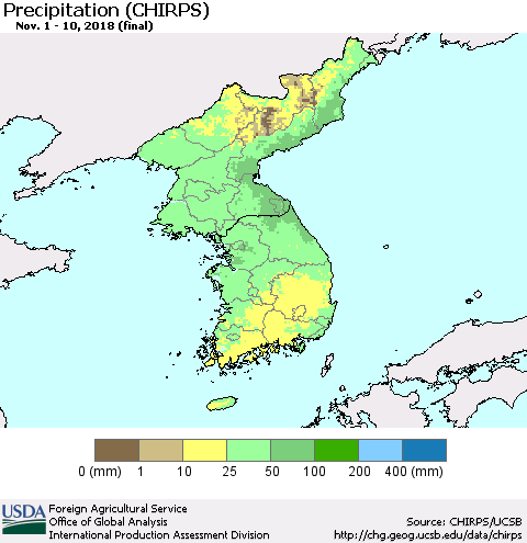Korea Precipitation (CHIRPS) Thematic Map For 11/1/2018 - 11/10/2018