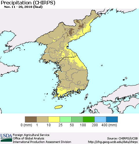 Korea Precipitation (CHIRPS) Thematic Map For 11/11/2018 - 11/20/2018