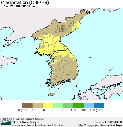 Korea Precipitation (CHIRPS) Thematic Map For 11/21/2018 - 11/30/2018