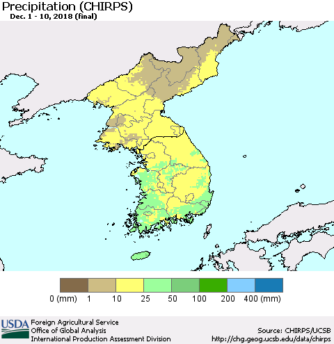 Korea Precipitation (CHIRPS) Thematic Map For 12/1/2018 - 12/10/2018