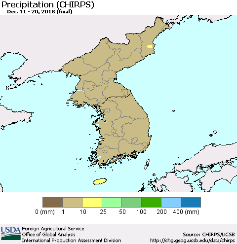 Korea Precipitation (CHIRPS) Thematic Map For 12/11/2018 - 12/20/2018