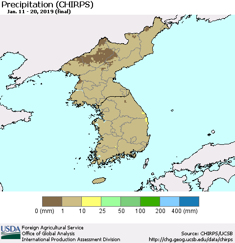 Korea Precipitation (CHIRPS) Thematic Map For 1/11/2019 - 1/20/2019