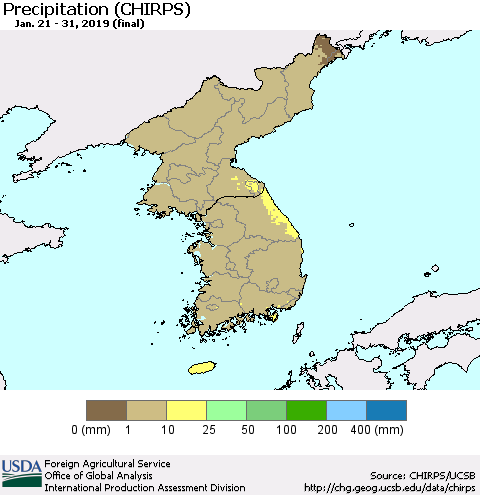 Korea Precipitation (CHIRPS) Thematic Map For 1/21/2019 - 1/31/2019