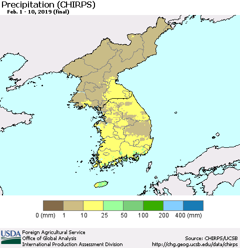 Korea Precipitation (CHIRPS) Thematic Map For 2/1/2019 - 2/10/2019