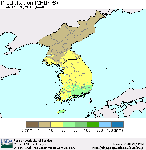 Korea Precipitation (CHIRPS) Thematic Map For 2/11/2019 - 2/20/2019