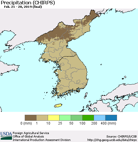 Korea Precipitation (CHIRPS) Thematic Map For 2/21/2019 - 2/28/2019
