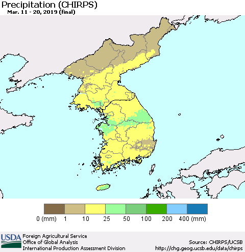 Korea Precipitation (CHIRPS) Thematic Map For 3/11/2019 - 3/20/2019