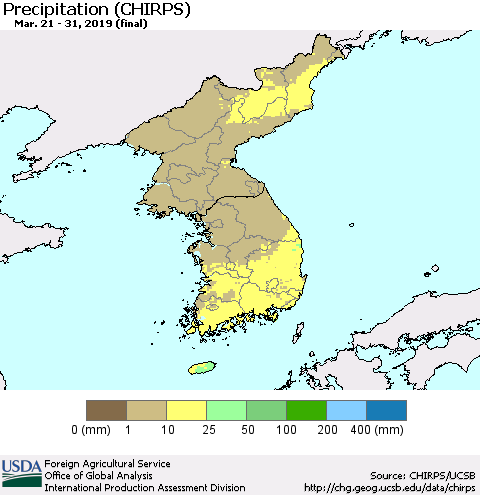 Korea Precipitation (CHIRPS) Thematic Map For 3/21/2019 - 3/31/2019