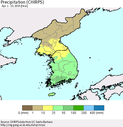 Korea Precipitation (CHIRPS) Thematic Map For 4/1/2019 - 4/10/2019