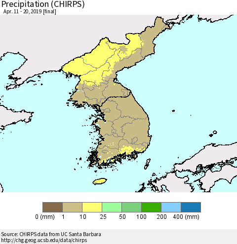 Korea Precipitation (CHIRPS) Thematic Map For 4/11/2019 - 4/20/2019