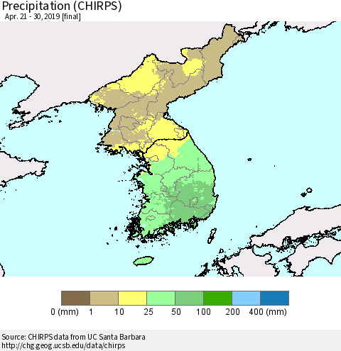 Korea Precipitation (CHIRPS) Thematic Map For 4/21/2019 - 4/30/2019