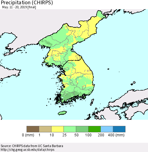 Korea Precipitation (CHIRPS) Thematic Map For 5/11/2019 - 5/20/2019