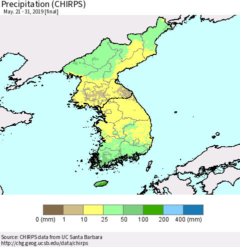 Korea Precipitation (CHIRPS) Thematic Map For 5/21/2019 - 5/31/2019