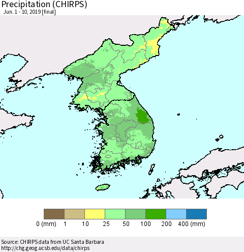 Korea Precipitation (CHIRPS) Thematic Map For 6/1/2019 - 6/10/2019