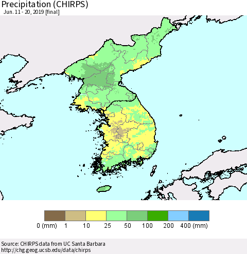 Korea Precipitation (CHIRPS) Thematic Map For 6/11/2019 - 6/20/2019