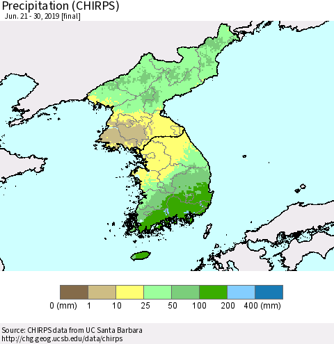 Korea Precipitation (CHIRPS) Thematic Map For 6/21/2019 - 6/30/2019
