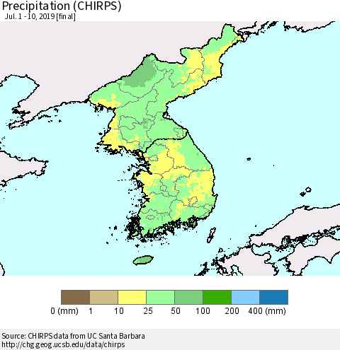 Korea Precipitation (CHIRPS) Thematic Map For 7/1/2019 - 7/10/2019