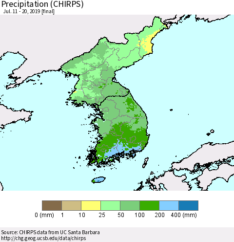 Korea Precipitation (CHIRPS) Thematic Map For 7/11/2019 - 7/20/2019