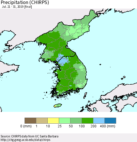 Korea Precipitation (CHIRPS) Thematic Map For 7/21/2019 - 7/31/2019