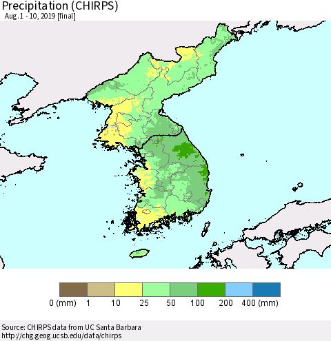 Korea Precipitation (CHIRPS) Thematic Map For 8/1/2019 - 8/10/2019