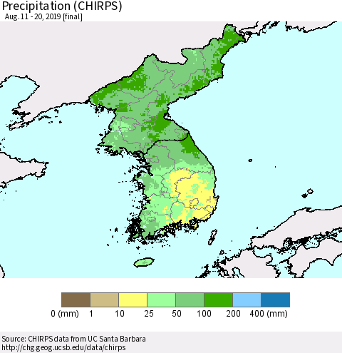 Korea Precipitation (CHIRPS) Thematic Map For 8/11/2019 - 8/20/2019