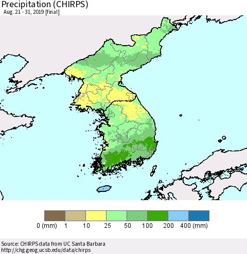 Korea Precipitation (CHIRPS) Thematic Map For 8/21/2019 - 8/31/2019