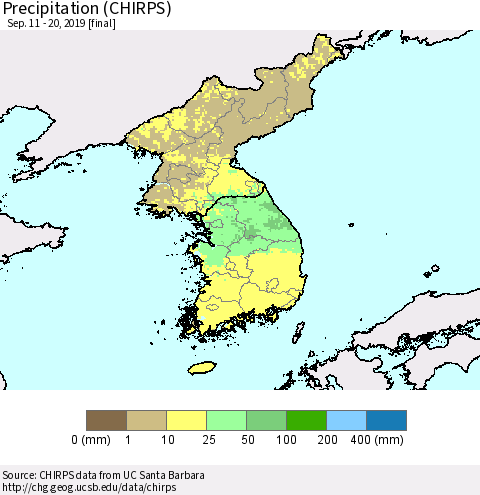 Korea Precipitation (CHIRPS) Thematic Map For 9/11/2019 - 9/20/2019