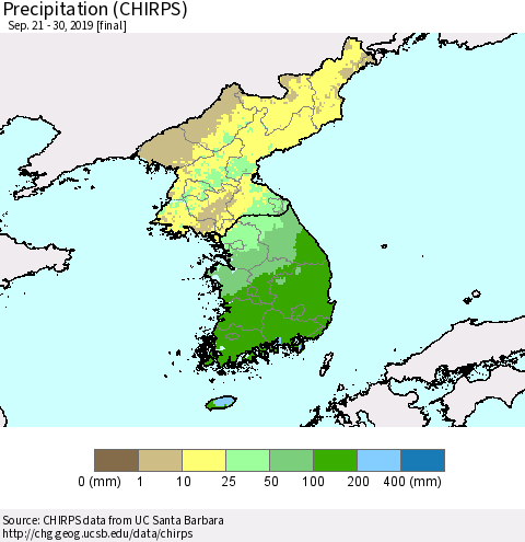 Korea Precipitation (CHIRPS) Thematic Map For 9/21/2019 - 9/30/2019