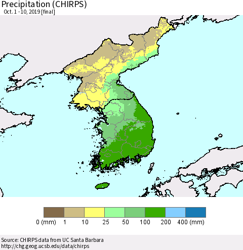 Korea Precipitation (CHIRPS) Thematic Map For 10/1/2019 - 10/10/2019