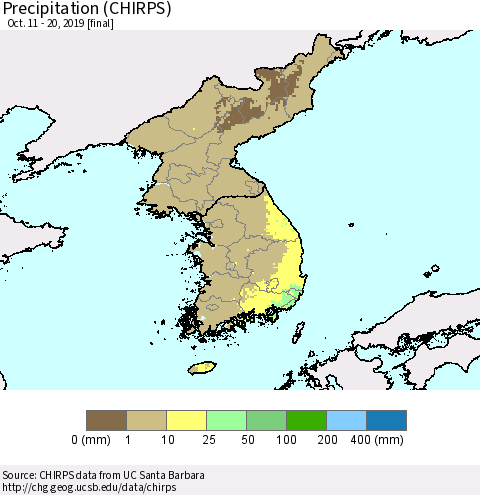 Korea Precipitation (CHIRPS) Thematic Map For 10/11/2019 - 10/20/2019