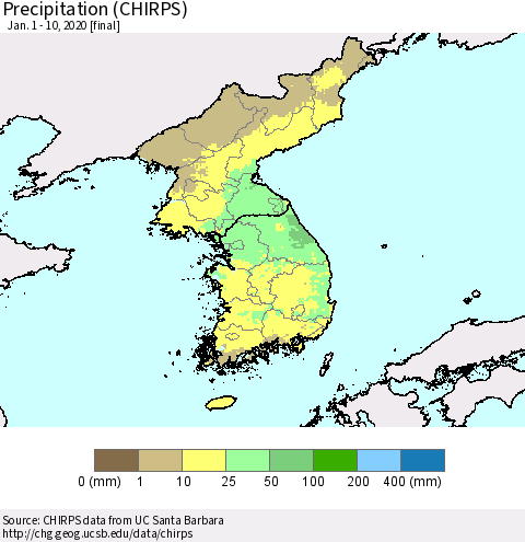 Korea Precipitation (CHIRPS) Thematic Map For 1/1/2020 - 1/10/2020