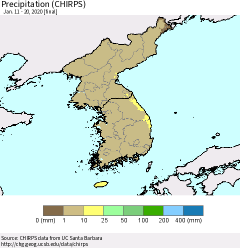 Korea Precipitation (CHIRPS) Thematic Map For 1/11/2020 - 1/20/2020