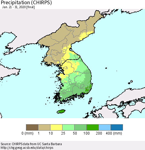 Korea Precipitation (CHIRPS) Thematic Map For 1/21/2020 - 1/31/2020