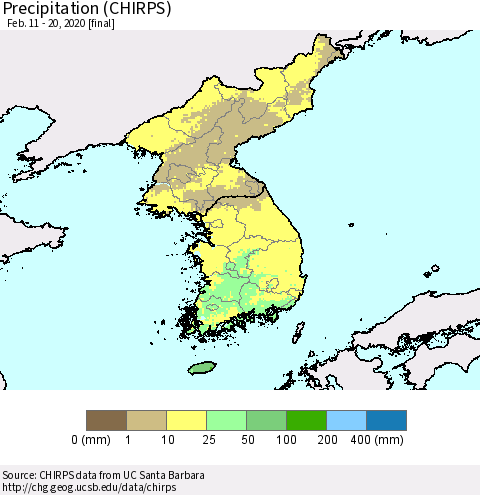 Korea Precipitation (CHIRPS) Thematic Map For 2/11/2020 - 2/20/2020