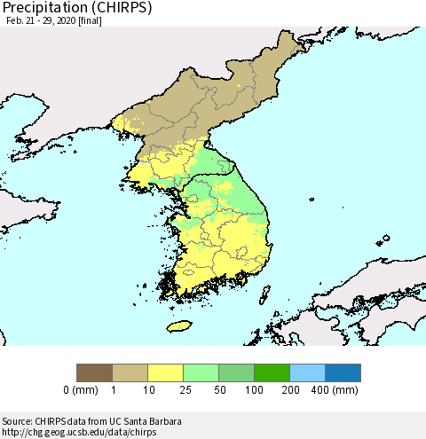 Korea Precipitation (CHIRPS) Thematic Map For 2/21/2020 - 2/29/2020