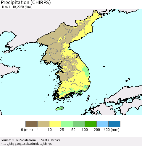 Korea Precipitation (CHIRPS) Thematic Map For 3/1/2020 - 3/10/2020