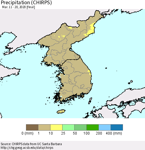 Korea Precipitation (CHIRPS) Thematic Map For 3/11/2020 - 3/20/2020
