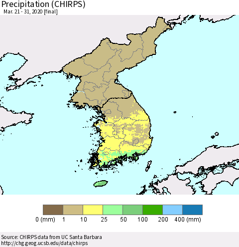 Korea Precipitation (CHIRPS) Thematic Map For 3/21/2020 - 3/31/2020