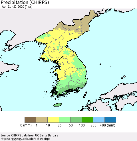 Korea Precipitation (CHIRPS) Thematic Map For 4/11/2020 - 4/20/2020