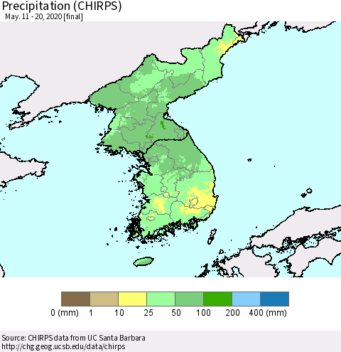 Korea Precipitation (CHIRPS) Thematic Map For 5/11/2020 - 5/20/2020