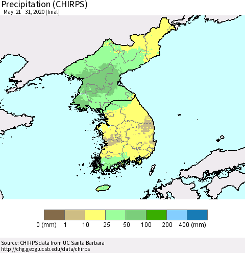 Korea Precipitation (CHIRPS) Thematic Map For 5/21/2020 - 5/31/2020