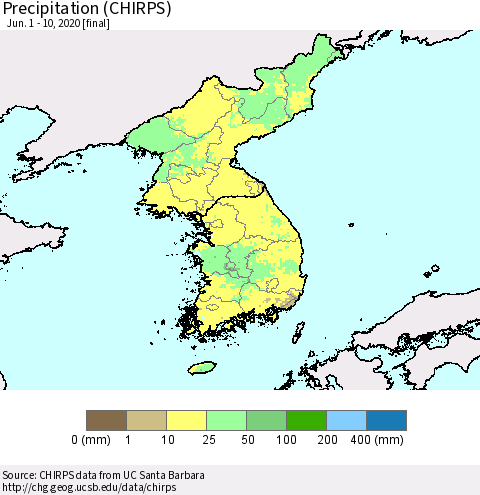 Korea Precipitation (CHIRPS) Thematic Map For 6/1/2020 - 6/10/2020