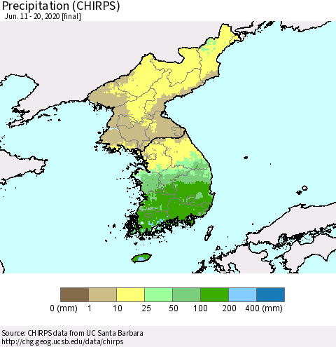 Korea Precipitation (CHIRPS) Thematic Map For 6/11/2020 - 6/20/2020