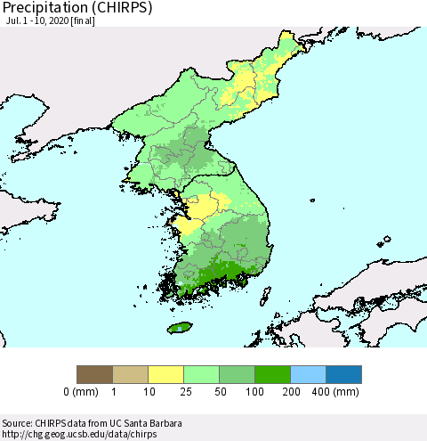 Korea Precipitation (CHIRPS) Thematic Map For 7/1/2020 - 7/10/2020