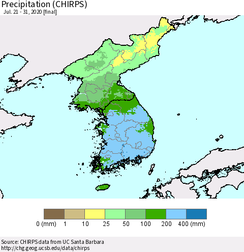 Korea Precipitation (CHIRPS) Thematic Map For 7/21/2020 - 7/31/2020